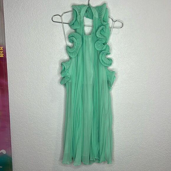 NWT AMUR MIMI HALTER NECK FRILL MINI DRESS Miami Sky Size 0 - Picture 2 of 16